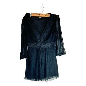 Vintage Black Sheer Mesh and Lace Boho Empire Goth Shirt Top Medium